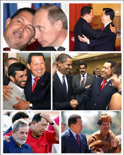 Hugo Chávez se sentait libre et en droit de parler à tous les dirigeants du monde, y compris et surtout à ceux diabolisés par Washington et l'OTAN. Il le faisait d'ailleurs le plus souvent avec bonhommie, et parfois avec des débordements de truculence. C'est certainement cette insoumission à l'ordre atlantiste qui lui valut les foudres des grands médias occidentaux, et qui lui valent encore une opprobre post mortem. De gauche à droite et de haut en bas : avec Vladimir Poutine (Fédération de Russie), Hu Jintao (République Populaire de Chine), Mahmoud Ahmadinejad (République Islamique d'Iran), Barack Obama (États-Unis d'Amérique), Lula da Silva (Brésil) et Mouammar Kadhafi (Jamahiriya arabe libyenne)